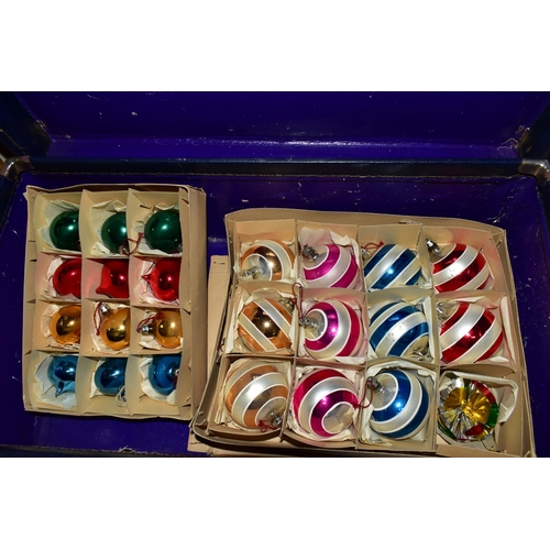 448 - TWO BOXES OF VINTAGE BRIEFCASES AND ASSORTED CHRISTMAS BAUBLES AND DECORATIONS, to include two vinta... 