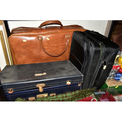 448 - TWO BOXES OF VINTAGE BRIEFCASES AND ASSORTED CHRISTMAS BAUBLES AND DECORATIONS, to include two vinta... 