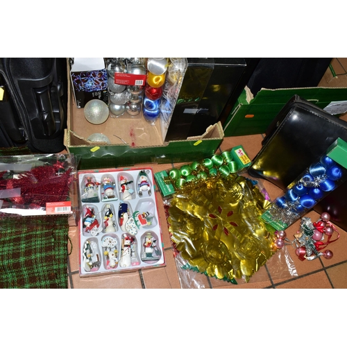 448 - TWO BOXES OF VINTAGE BRIEFCASES AND ASSORTED CHRISTMAS BAUBLES AND DECORATIONS, to include two vinta... 