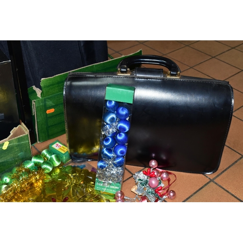 448 - TWO BOXES OF VINTAGE BRIEFCASES AND ASSORTED CHRISTMAS BAUBLES AND DECORATIONS, to include two vinta... 