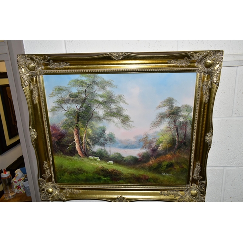 450 - A BOX AND LOOSE PAINTINGS AND PRINTS ETC, to include a 20th century pastoral landscape signed Gullen... 