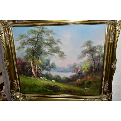 450 - A BOX AND LOOSE PAINTINGS AND PRINTS ETC, to include a 20th century pastoral landscape signed Gullen... 