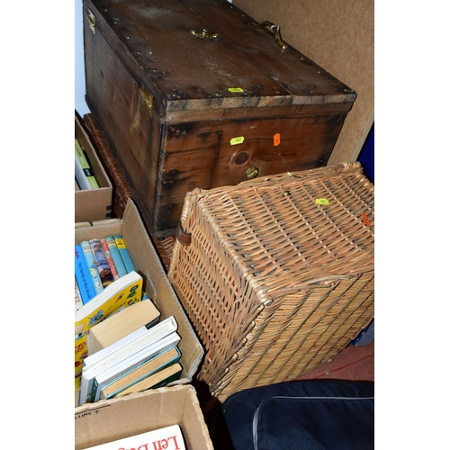 452 - TWO WICKER PICNIC BASKETS, EIGHT  BOXES AND LOOSE BOOKS, CHRISTMAS DECORATIONS, ETC, including a pin... 