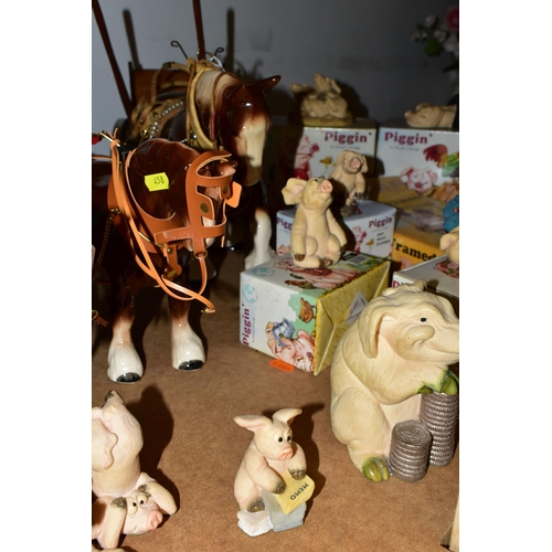 458 - FOUR CERAMIC HORSES WITH CARTS / DREYS AND A QUANTITY OF BOXED AND LOOSE PIGGIN' FIGURES, ETC, the P... 