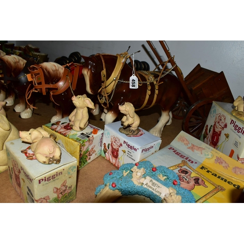 458 - FOUR CERAMIC HORSES WITH CARTS / DREYS AND A QUANTITY OF BOXED AND LOOSE PIGGIN' FIGURES, ETC, the P... 