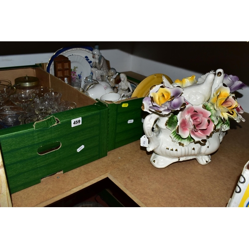 459 - TWO BOXES AND LOOSE CERAMICS AND GLASS, including drinking glasses, moulded glass dressing table ite... 