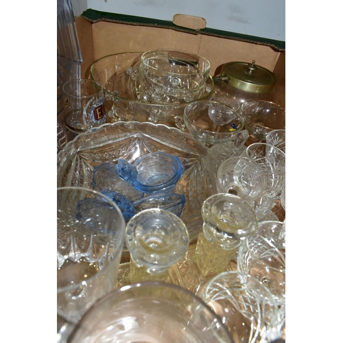 459 - TWO BOXES AND LOOSE CERAMICS AND GLASS, including drinking glasses, moulded glass dressing table ite... 