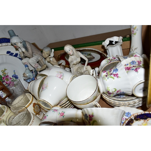 459 - TWO BOXES AND LOOSE CERAMICS AND GLASS, including drinking glasses, moulded glass dressing table ite... 