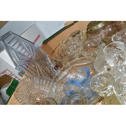 459 - TWO BOXES AND LOOSE CERAMICS AND GLASS, including drinking glasses, moulded glass dressing table ite... 