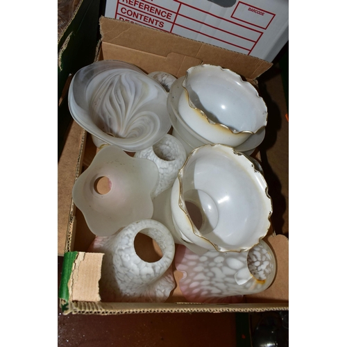 460 - SIX BOXES OF ASSORTED GLASSWARE, including lightshades, drinking glasses, decanters, vases, sundae a... 