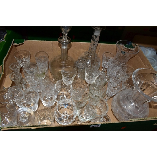 460 - SIX BOXES OF ASSORTED GLASSWARE, including lightshades, drinking glasses, decanters, vases, sundae a... 