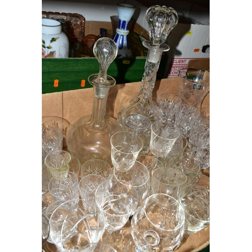 460 - SIX BOXES OF ASSORTED GLASSWARE, including lightshades, drinking glasses, decanters, vases, sundae a... 