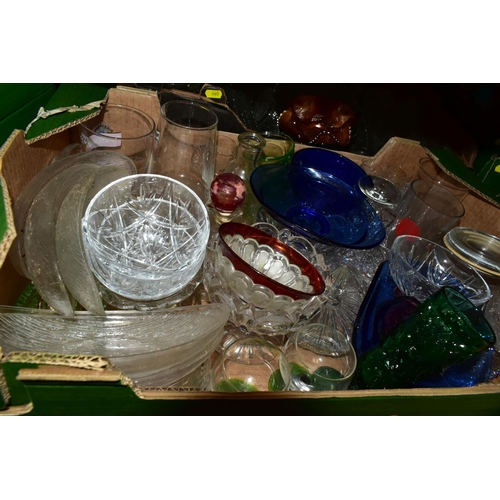 460 - SIX BOXES OF ASSORTED GLASSWARE, including lightshades, drinking glasses, decanters, vases, sundae a... 