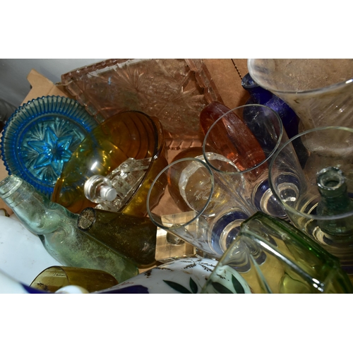 460 - SIX BOXES OF ASSORTED GLASSWARE, including lightshades, drinking glasses, decanters, vases, sundae a... 