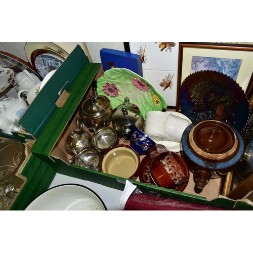 467 - THREE BOXES OF CERAMICS AND GLASSWARES, to include a vintage West German floor vase impressed marks ... 