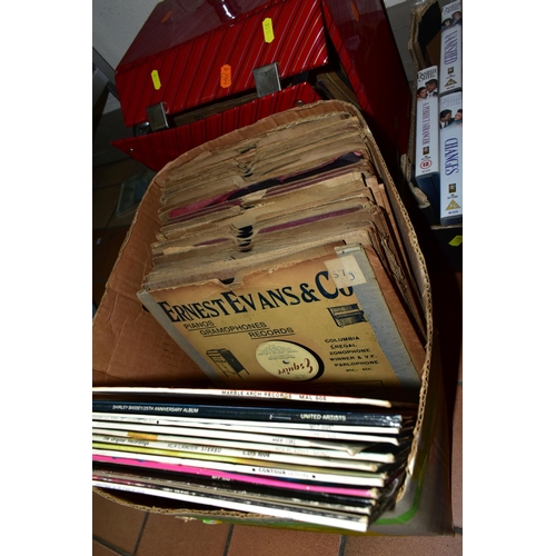 468 - SEVEN BOXES OF VIDOES, DVDS, C.DS AND 33RPM RECORDS, to include approximately fifty assorted videos ... 