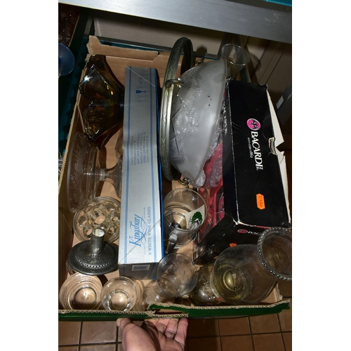 470 - SIX BOXES OF GLASSWARE AND ASSORTED SUNDRIES, to include a 1960's Martini cocktail tray, drinking gl... 