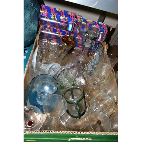 470 - SIX BOXES OF GLASSWARE AND ASSORTED SUNDRIES, to include a 1960's Martini cocktail tray, drinking gl... 