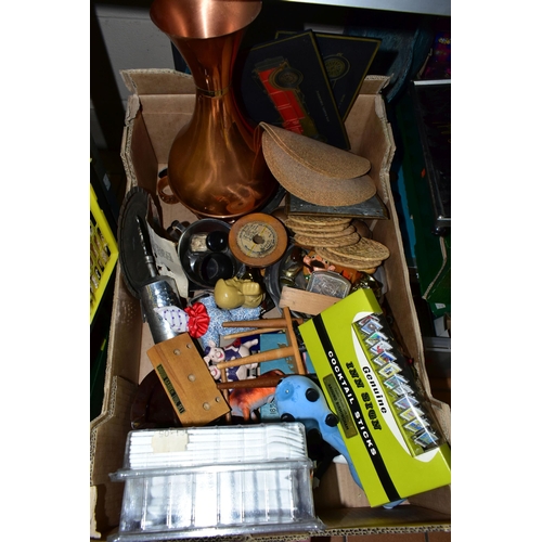 470 - SIX BOXES OF GLASSWARE AND ASSORTED SUNDRIES, to include a 1960's Martini cocktail tray, drinking gl... 