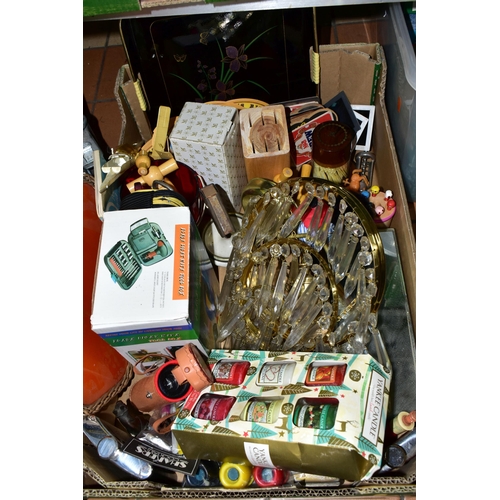 470 - SIX BOXES OF GLASSWARE AND ASSORTED SUNDRIES, to include a 1960's Martini cocktail tray, drinking gl... 