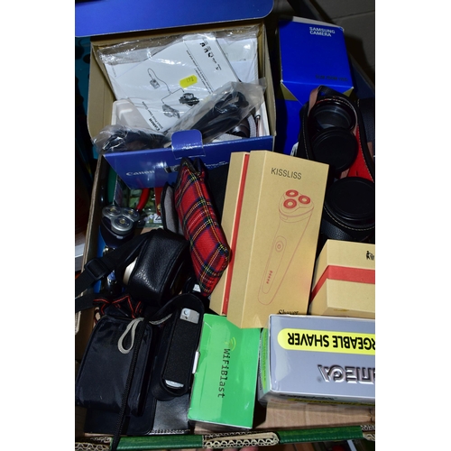 472 - ONE BOX OF ASSORTED CAMERAS AND A PORTABLE GRUNDIG REEL TO REEL TAPE RECORDER, to include a wicker s... 