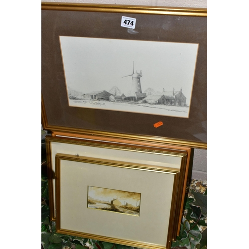 474 - FIVE DECORATIVE PICTURES AND PRINTS ETC, comprising two Tony Malton pencil sketches with a sepia was... 