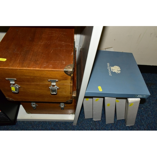 544 - NINETEEN COLLECTORS PLATES, A SMALL RACK OF BEATLES CDS AND TWO WOODEN BOXES, the collectors plates ... 