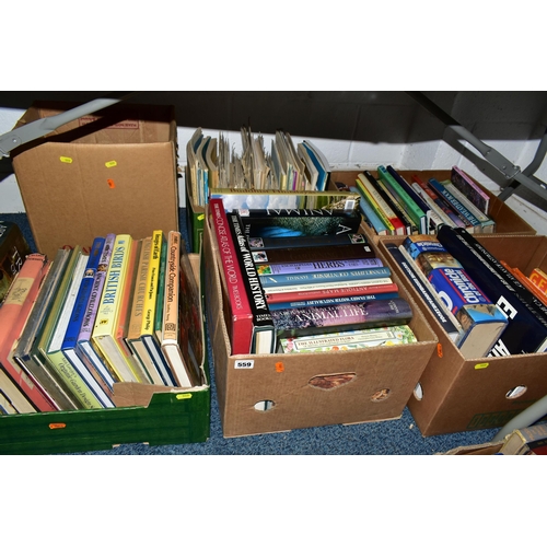 559 - SIX BOXES OF BOOKS & MAGAZINES containing over seventy miscellaneous titles, mostly in hardback form... 