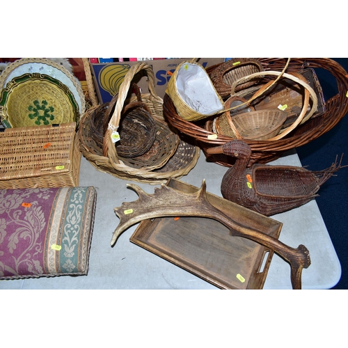 562 - A QUANTITY OF TREEN, WICKER BASKETS, ETC, including two vintage wooden cased radios by Invicta and P... 