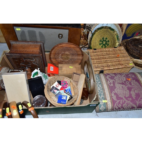 562 - A QUANTITY OF TREEN, WICKER BASKETS, ETC, including two vintage wooden cased radios by Invicta and P... 