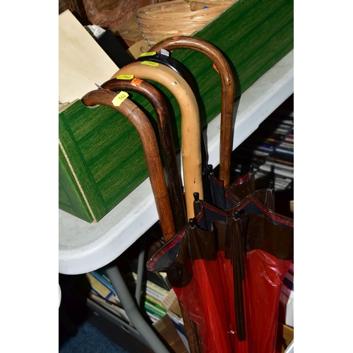 562 - A QUANTITY OF TREEN, WICKER BASKETS, ETC, including two vintage wooden cased radios by Invicta and P... 