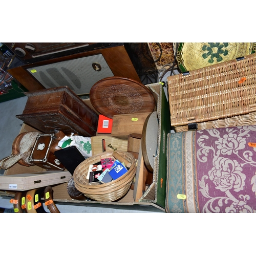 562 - A QUANTITY OF TREEN, WICKER BASKETS, ETC, including two vintage wooden cased radios by Invicta and P... 