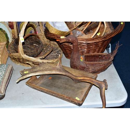562 - A QUANTITY OF TREEN, WICKER BASKETS, ETC, including two vintage wooden cased radios by Invicta and P... 