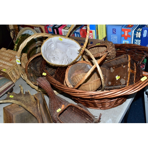 562 - A QUANTITY OF TREEN, WICKER BASKETS, ETC, including two vintage wooden cased radios by Invicta and P... 