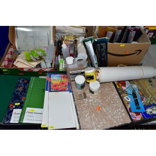 565 - TWO BOXES, A BOX FILE AND LOOSE ART AND CRAFTS EQUIPMENT, ETC, including stencil decor, sealed packs... 