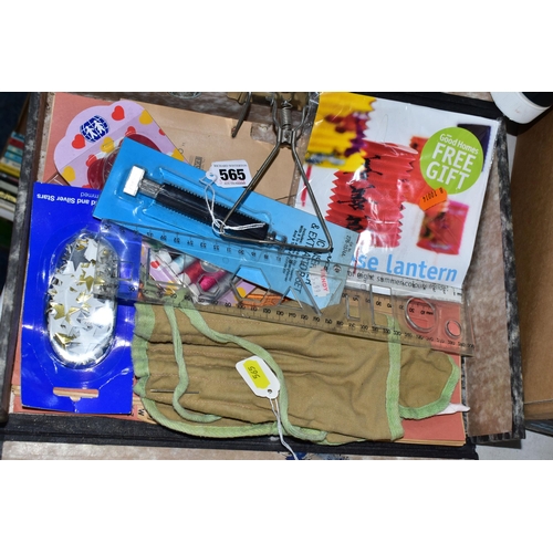 565 - TWO BOXES, A BOX FILE AND LOOSE ART AND CRAFTS EQUIPMENT, ETC, including stencil decor, sealed packs... 
