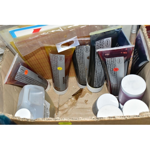 565 - TWO BOXES, A BOX FILE AND LOOSE ART AND CRAFTS EQUIPMENT, ETC, including stencil decor, sealed packs... 