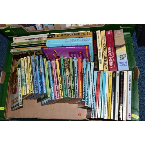 566 - FIVE BOXES OF BOOKS containing approximately 200 miscellaneous titles in paperback format, subjects ... 