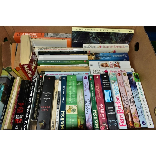 566 - FIVE BOXES OF BOOKS containing approximately 200 miscellaneous titles in paperback format, subjects ... 