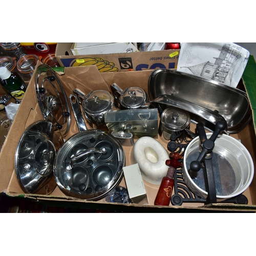 567 - FIVE BOXES OF MODERN KITCEHNALIA, preserving jars, gadgets, resin three section alligator, ultrasoni... 