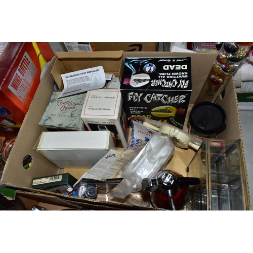 567 - FIVE BOXES OF MODERN KITCEHNALIA, preserving jars, gadgets, resin three section alligator, ultrasoni... 