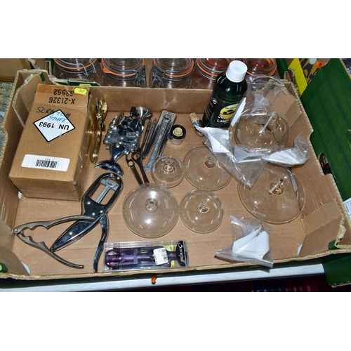 567 - FIVE BOXES OF MODERN KITCEHNALIA, preserving jars, gadgets, resin three section alligator, ultrasoni... 