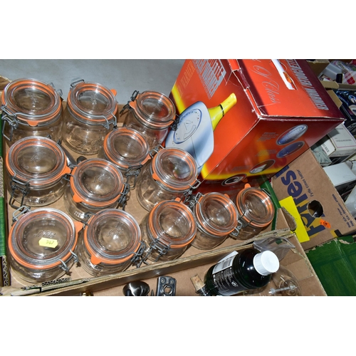 567 - FIVE BOXES OF MODERN KITCEHNALIA, preserving jars, gadgets, resin three section alligator, ultrasoni... 