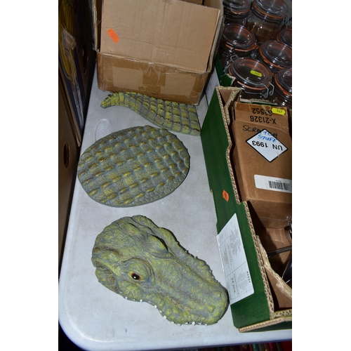 567 - FIVE BOXES OF MODERN KITCEHNALIA, preserving jars, gadgets, resin three section alligator, ultrasoni... 