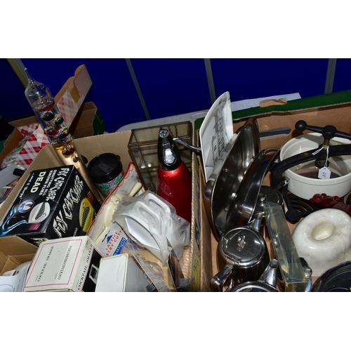 567 - FIVE BOXES OF MODERN KITCEHNALIA, preserving jars, gadgets, resin three section alligator, ultrasoni... 