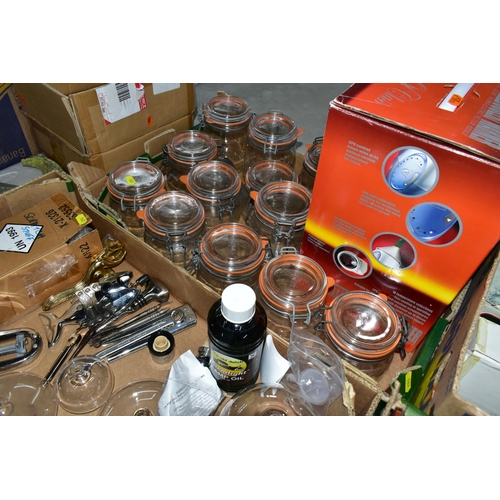 567 - FIVE BOXES OF MODERN KITCEHNALIA, preserving jars, gadgets, resin three section alligator, ultrasoni... 