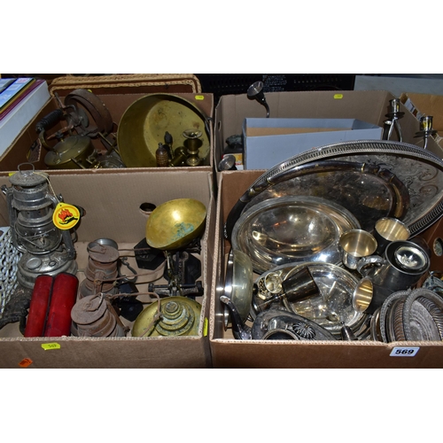 569 - FOUR BOXES OF SILVER PLATE, BRASS, ETC, including goblets, trays, cutlery, bottle coasters, scales, ... 