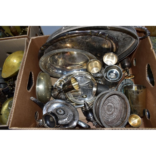 569 - FOUR BOXES OF SILVER PLATE, BRASS, ETC, including goblets, trays, cutlery, bottle coasters, scales, ... 