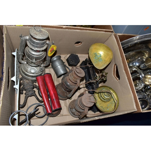 569 - FOUR BOXES OF SILVER PLATE, BRASS, ETC, including goblets, trays, cutlery, bottle coasters, scales, ... 