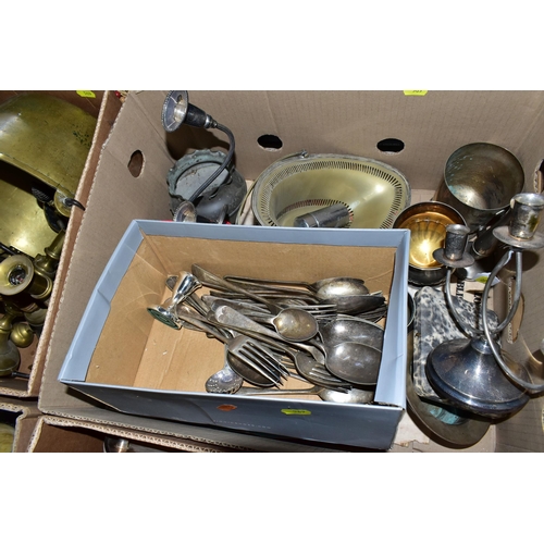 569 - FOUR BOXES OF SILVER PLATE, BRASS, ETC, including goblets, trays, cutlery, bottle coasters, scales, ... 